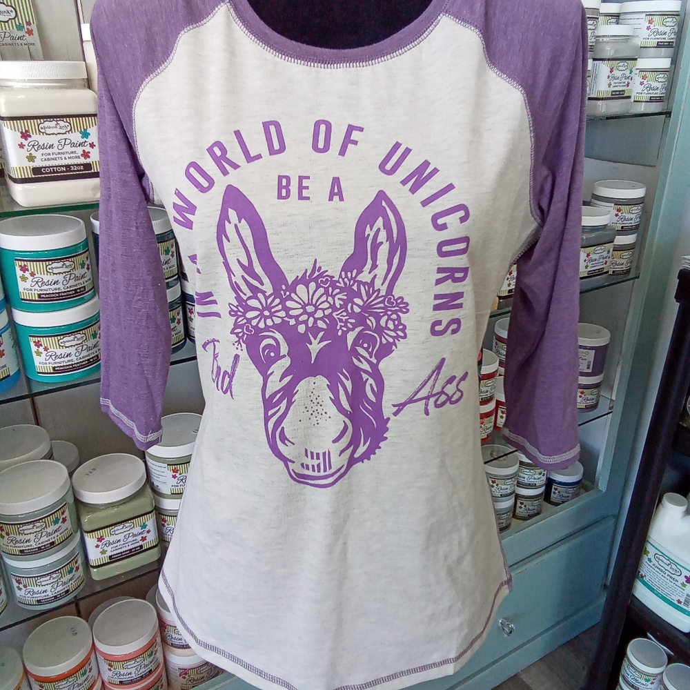 Cheekys Baseball Tee M Grey & Purple Be A Bad Ass - Picture 2 of 2